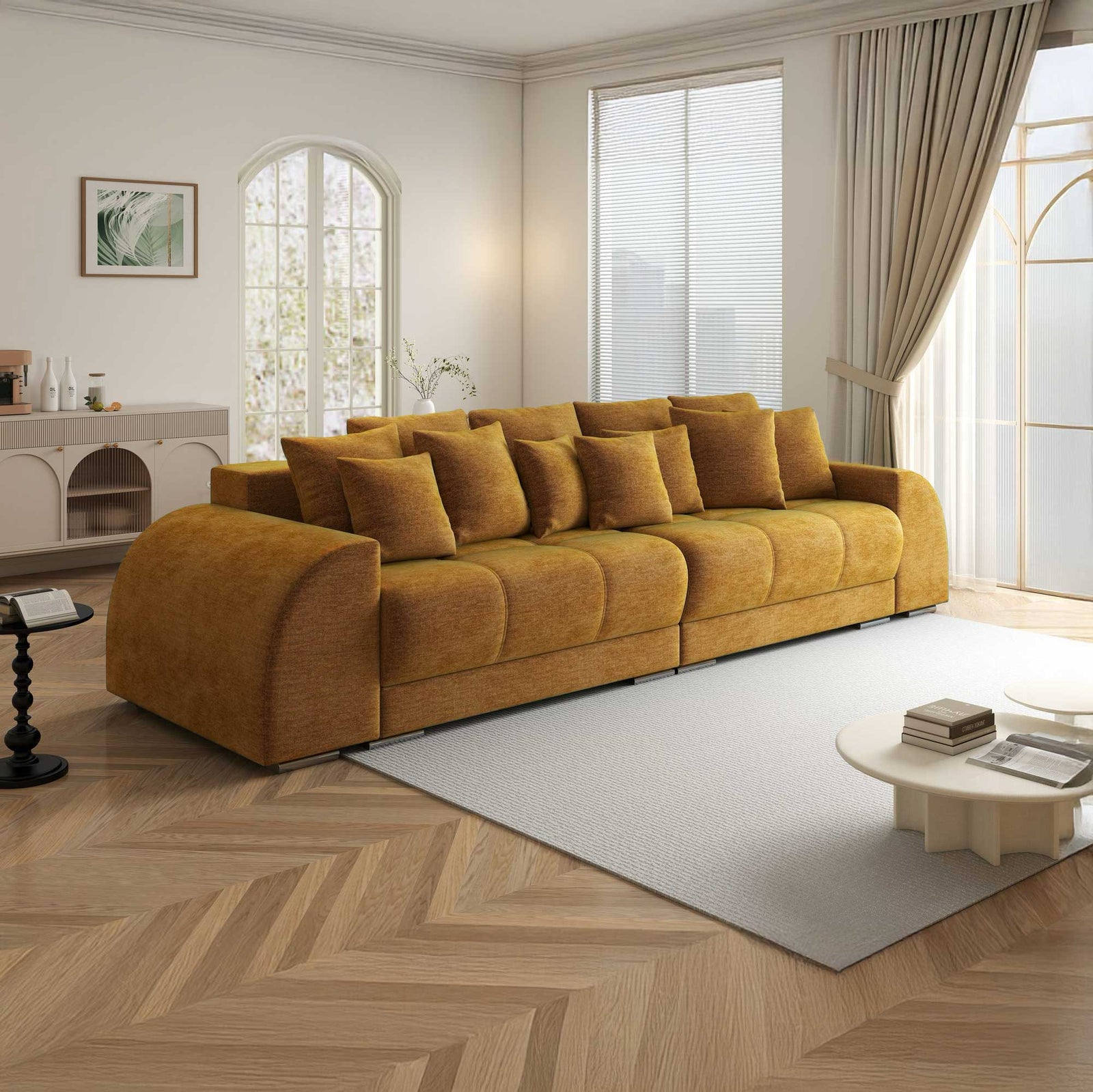 Canapea extensibilă dumonde cu 2 lăzi de depozitare si sezut confortabil din spuma high-density, Verona Monolith Mustar 48 310x100 cm