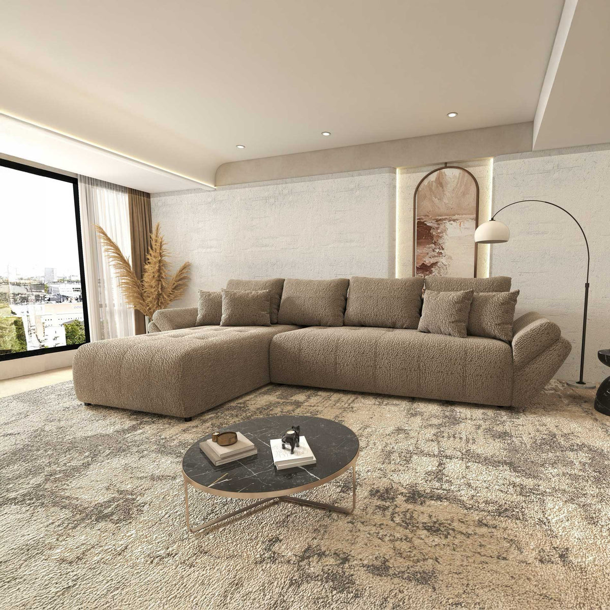 Colțar extensibil dumonde cu ladă de depozitare si sezut confortabil din spuma high-density, Berlin XL Jaguar Maro Cappuccino 8 350x185 cm