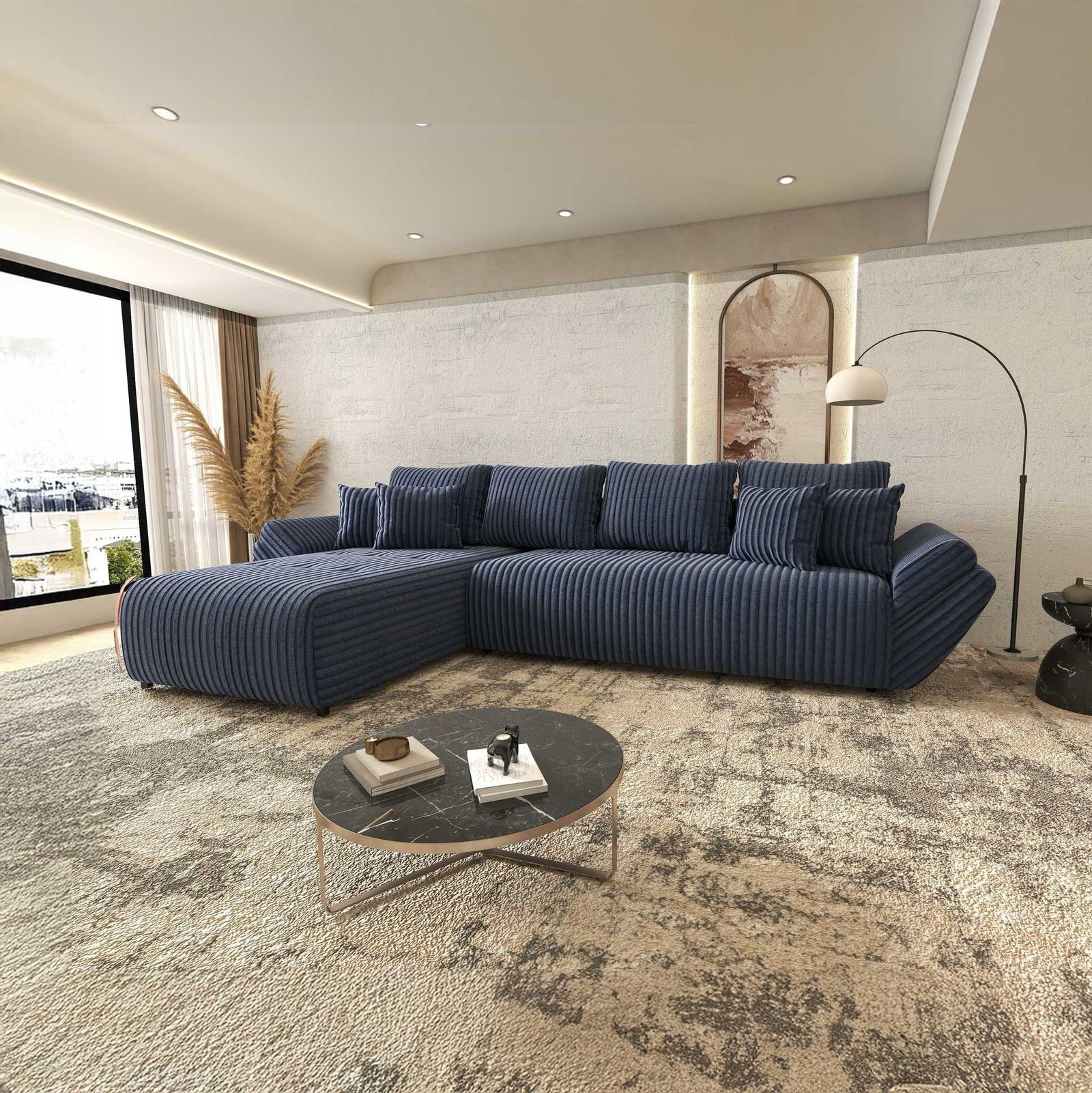 Colțar extensibil dumonde cu ladă de depozitare si sezut confortabil din spuma high-density, Berlin XL Tilia Albastru 77 350x185 cm