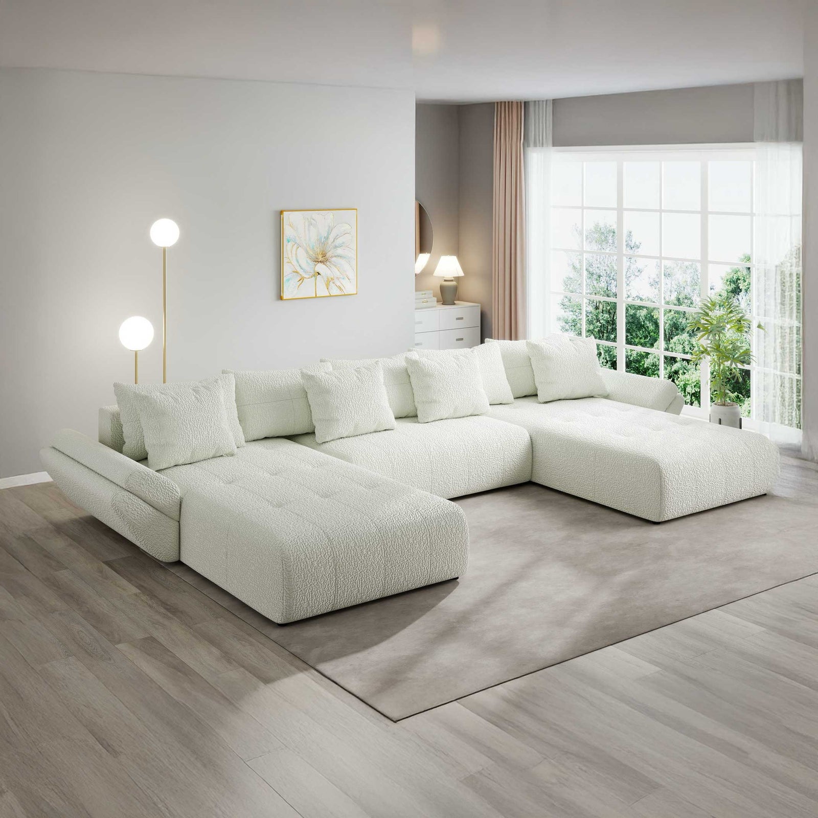 Colțar extensibil dumonde cu ladă de depozitare si sezut confortabil din spuma high-density, Berlin U Jaguar Ivory 1 380x180 cm