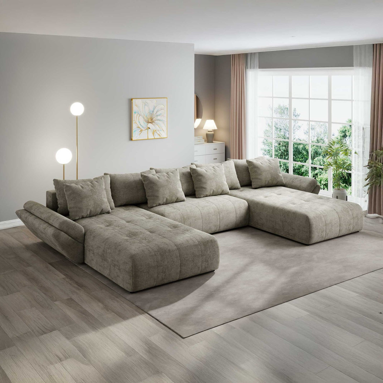 Colțar extensibil dumonde cu ladă de depozitare si sezut confortabil din spuma high-density, Berlin U Cremona Bej 14 380x180 cm