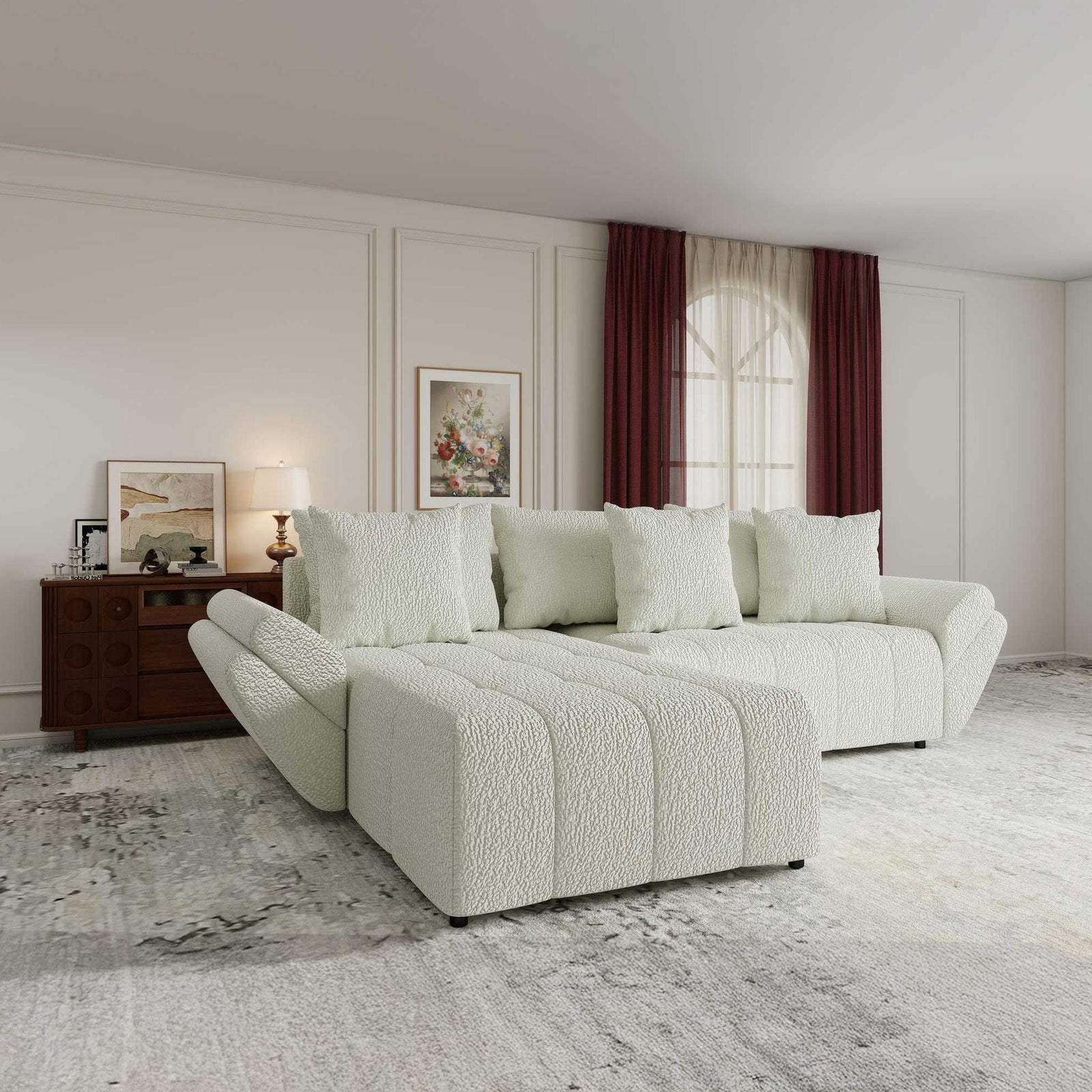 Colțar extensibil dumonde cu ladă de depozitare si sezut confortabil din spuma high-density, Berlin Jaguar Ivory 1 280x185 cm