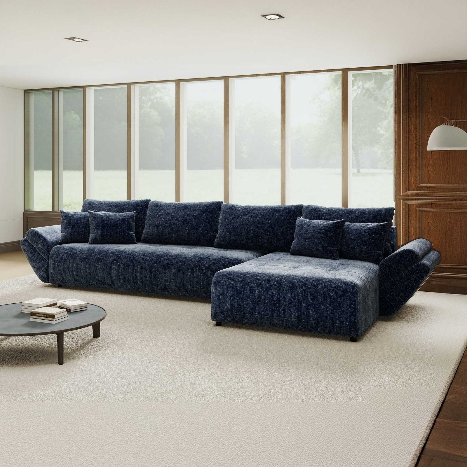 Colțar extensibil dumonde cu ladă de depozitare si sezut confortabil din spuma high-density, Berlin XL Cremona Albastru 79 II 350x185 cm
