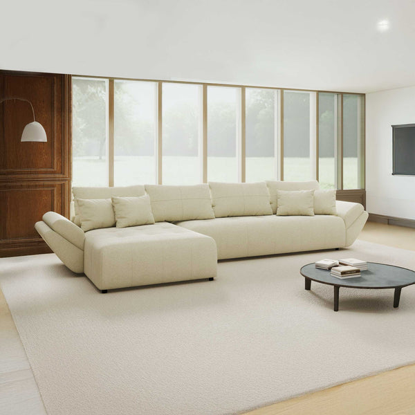 Colțar extensibil dumonde cu ladă de depozitare si sezut confortabil din spuma high-density, Berlin XL Quelle Bej 02 350x185 cm