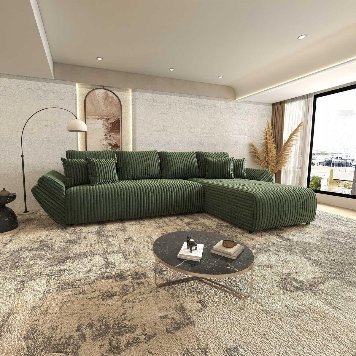 Colțar extensibil dumonde cu ladă de depozitare si sezut confortabil din spuma high-density, Berlin XL Tilia Verde 39 II 350x185 cm