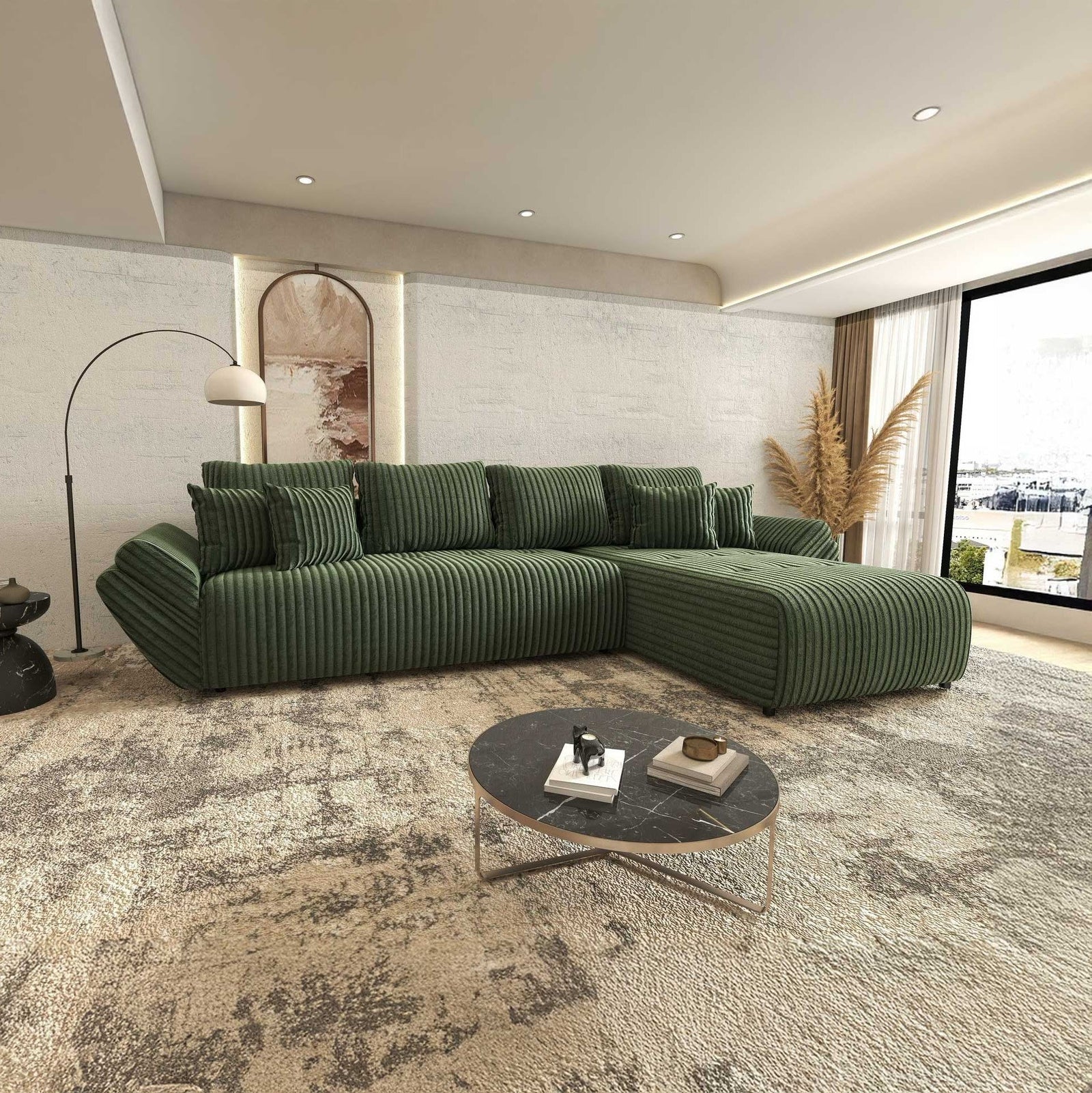 Colțar extensibil dumonde cu ladă de depozitare si sezut confortabil din spuma high-density, Berlin XL Tilia Verde 39 II 350x185 cm
