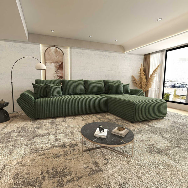 Colțar extensibil dumonde cu ladă de depozitare si sezut confortabil din spuma high-density, Berlin XL Tilia Verde 39 II 350x185 cm