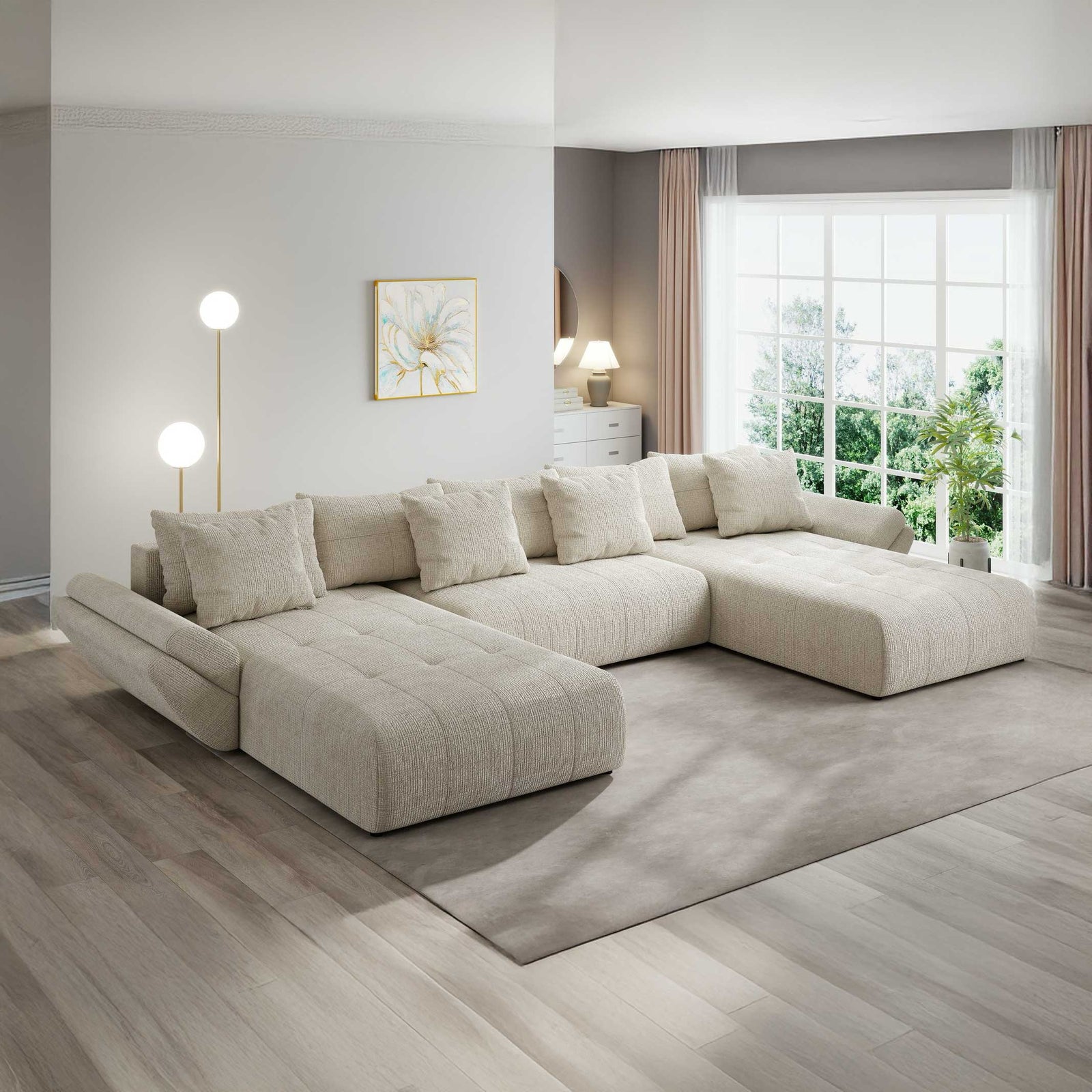 Colțar extensibil dumonde cu ladă de depozitare si sezut confortabil din spuma high-density, Berlin U Cremona Gri Deschis 02 380x180 cm