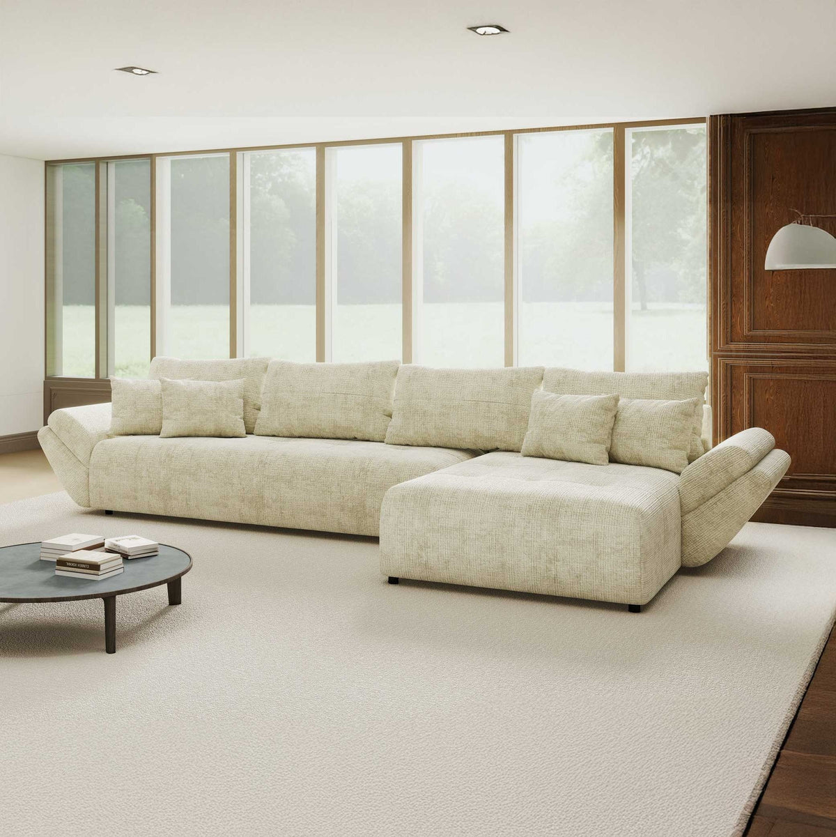 Colțar extensibil dumonde cu ladă de depozitare si sezut confortabil din spuma high-density, Berlin XL Cremona Alb 1 II 350x185 cm