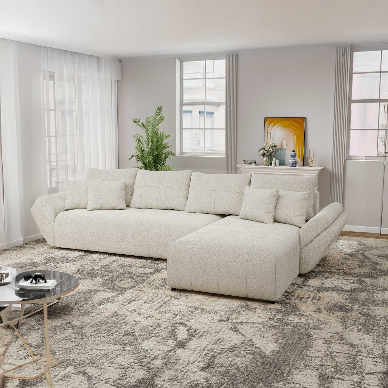 Colțar extensibil dumonde cu ladă de depozitare si sezut confortabil din spuma high-density, Berlin XL Monte Bej 03 II 350x185 cm