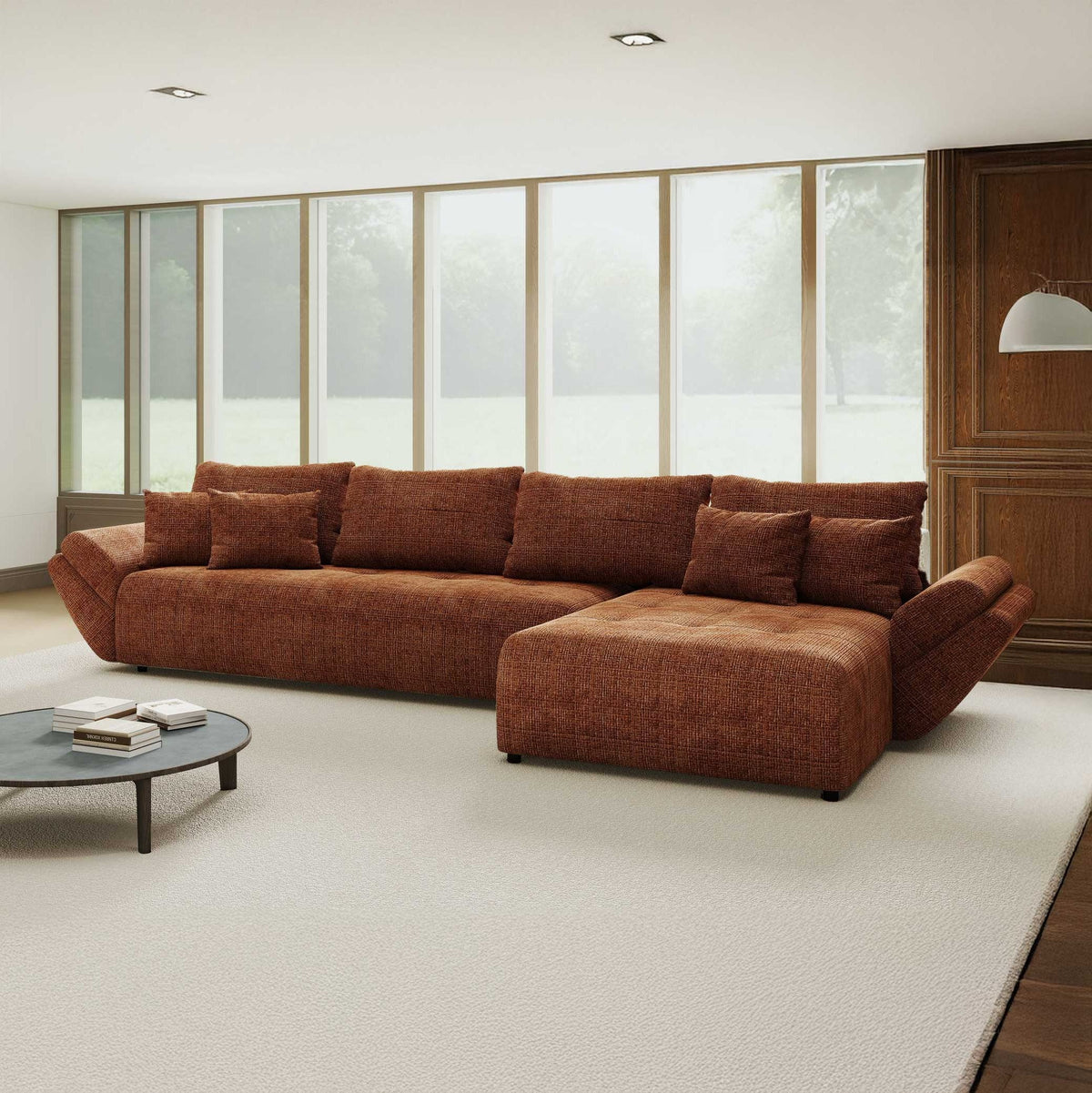 Colțar extensibil dumonde cu ladă de depozitare si sezut confortabil din spuma high-density, Berlin XL Cremona Teracota 52 II 350x185 cm