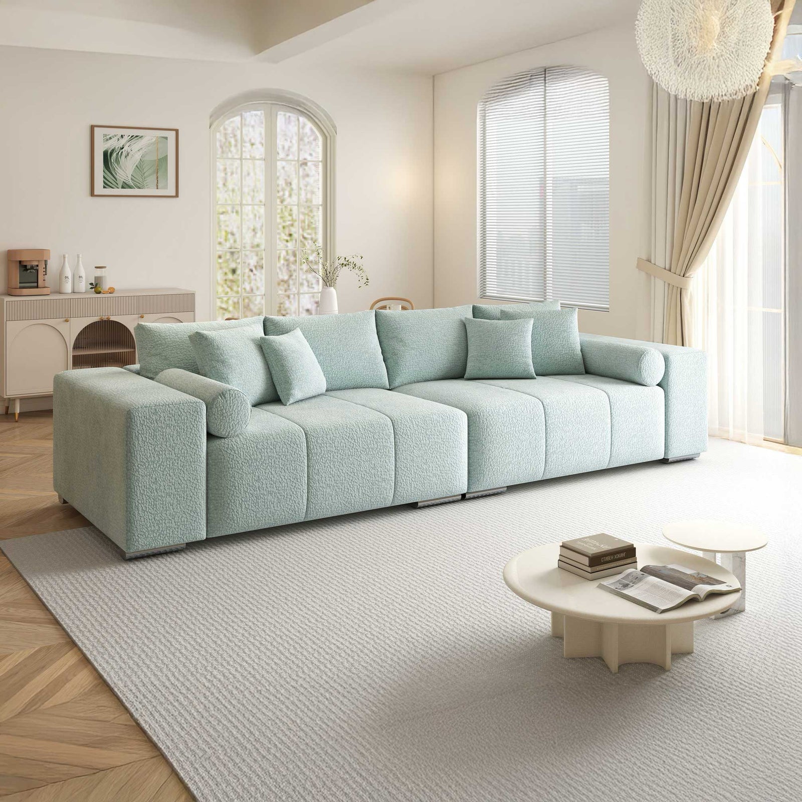 Canapea extensibilă dumonde cu ladă de depozitare si sezut confortabil din spuma high-density, Marbela XXL Jaguar Verde Mint 16 290x100 cm