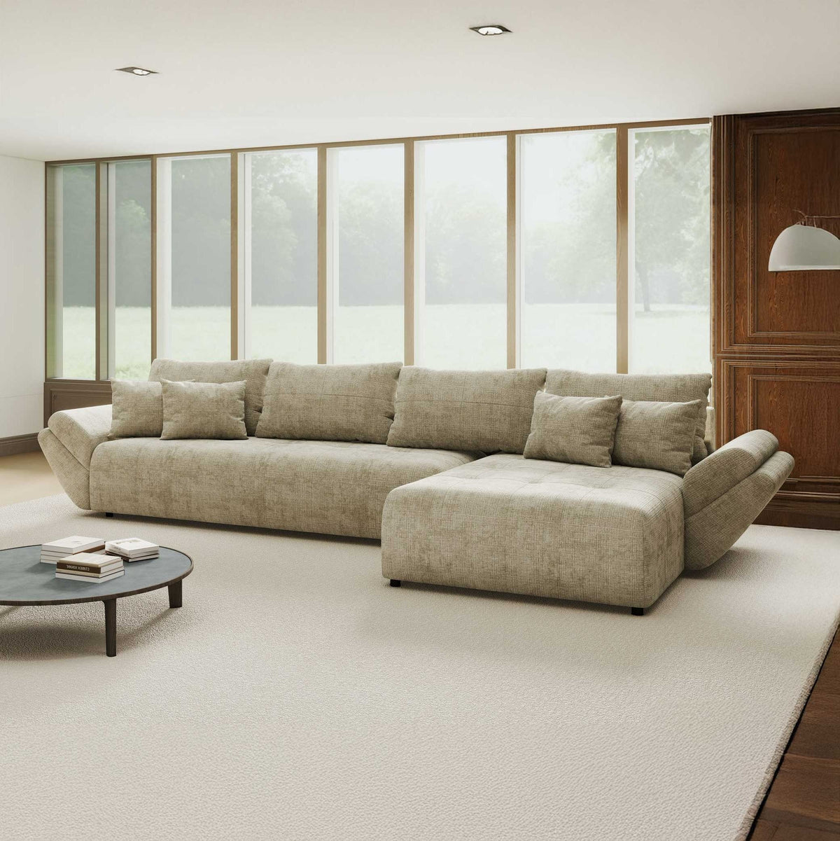 Colțar extensibil dumonde cu ladă de depozitare si sezut confortabil din spuma high-density, Berlin XL Cremona Bej 14 II 350x185 cm