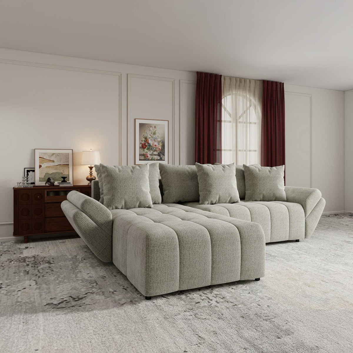 Colțar extensibil dumonde cu ladă de depozitare si sezut confortabil din spuma high-density, Berlin Cremona Bej 04 280x185 cm