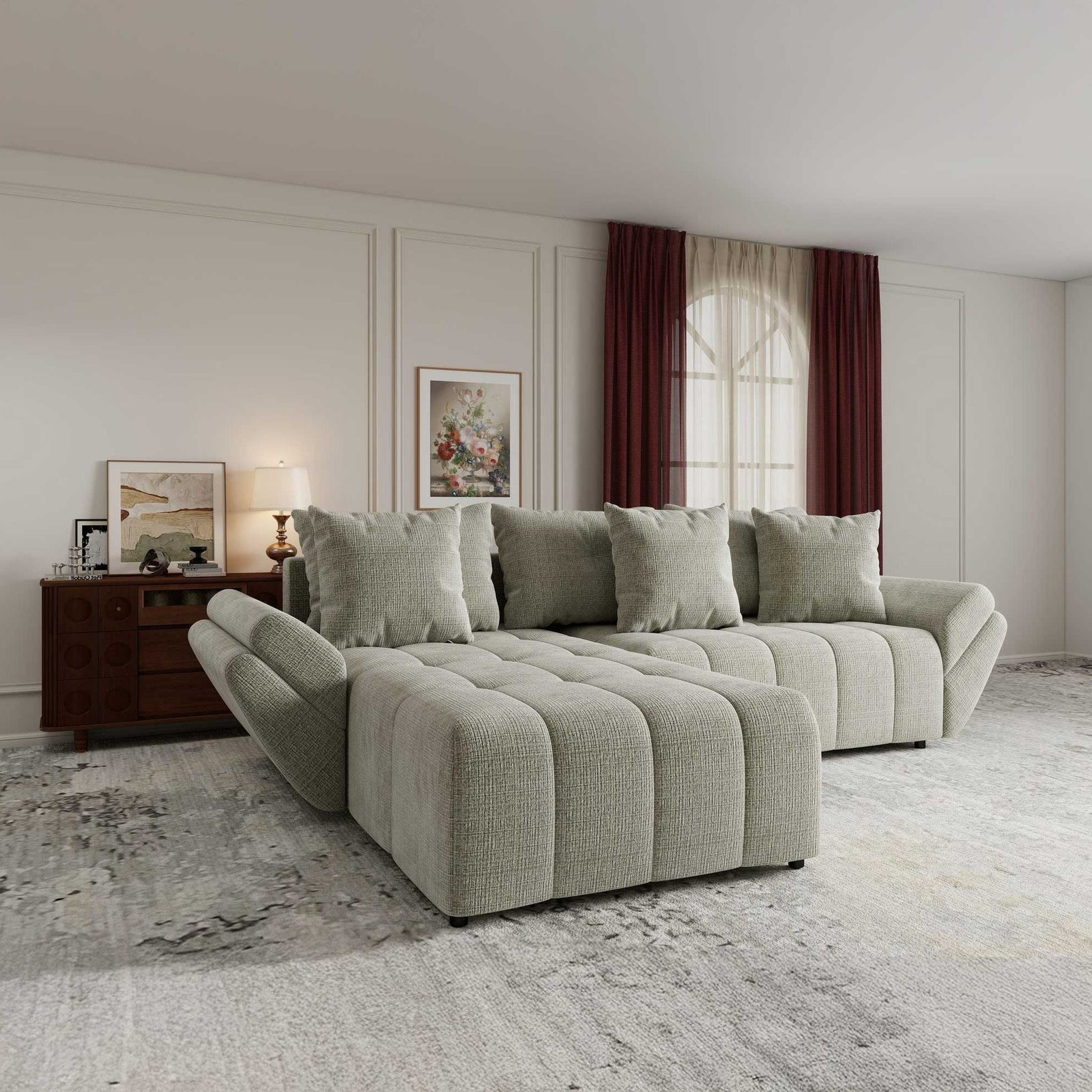 Colțar extensibil dumonde cu ladă de depozitare si sezut confortabil din spuma high-density, Berlin Cremona Bej 04 280x185 cm