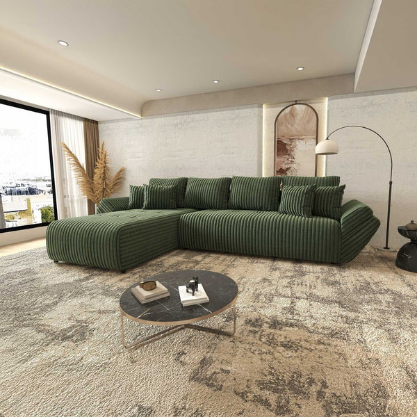 Colțar extensibil dumonde cu ladă de depozitare si sezut confortabil din spuma high-density, Berlin XL Tilia Verde 39 350x185 cm