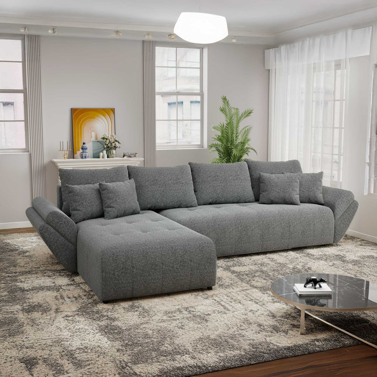 Colțar extensibil dumonde cu ladă de depozitare si sezut confortabil din spuma high-density, Berlin XL Monte Gri 90 350x185 cm