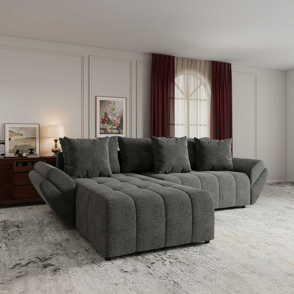 Colțar extensibil dumonde cu ladă de depozitare si sezut confortabil din spuma high-density, Berlin Quelle Gri 92 280x185 cm