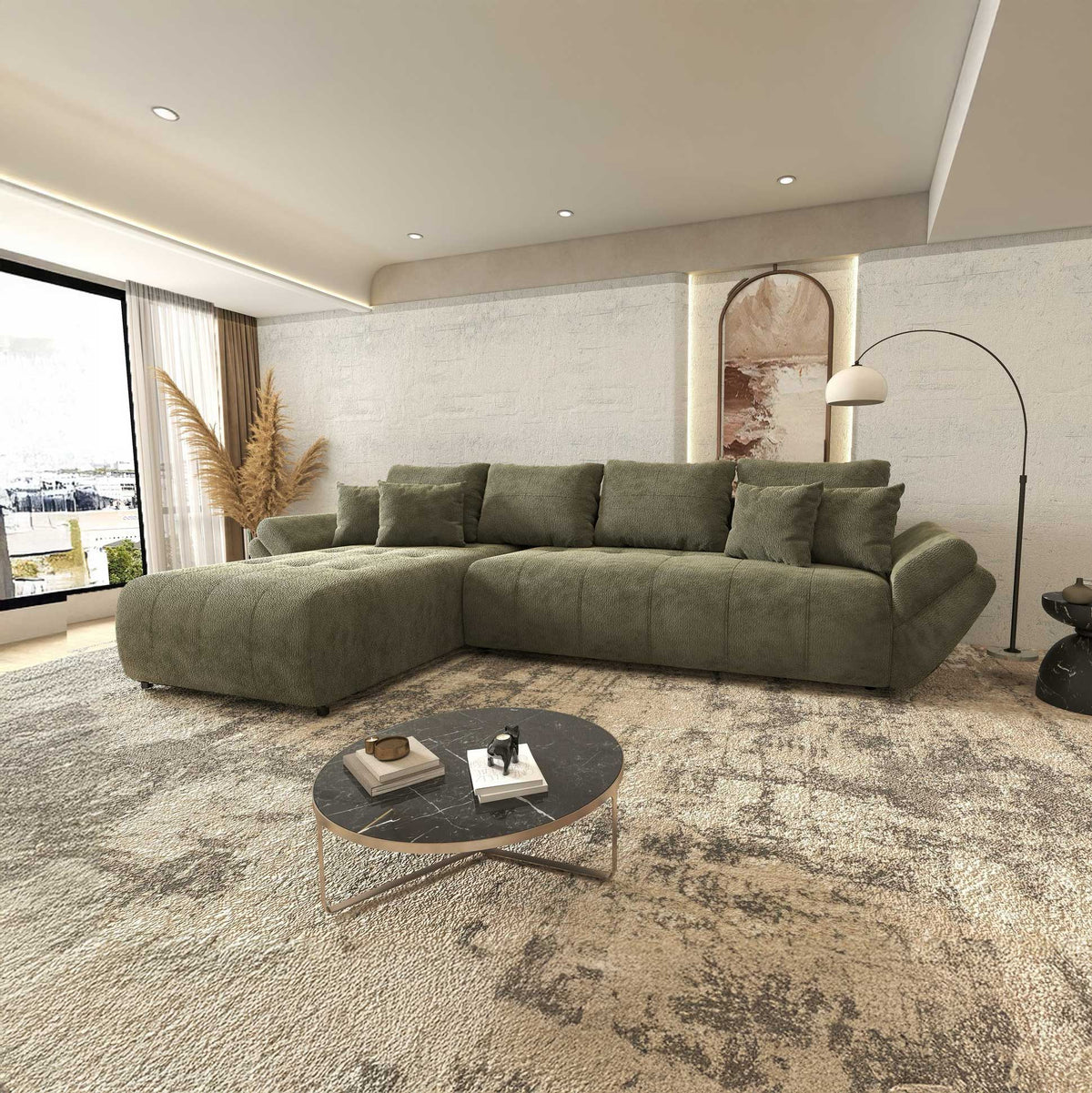 Colțar extensibil dumonde cu ladă de depozitare si sezut confortabil din spuma high-density, Berlin XL Vibe Olive 38 350x185 cm