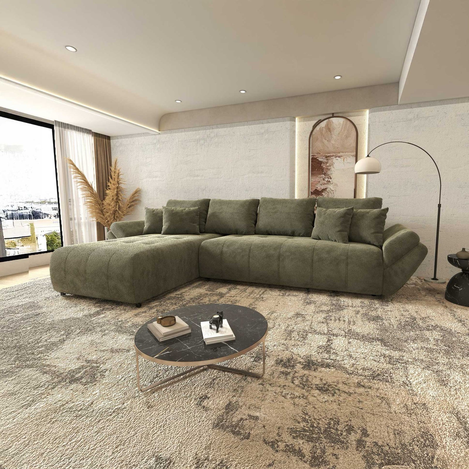Colțar extensibil dumonde cu ladă de depozitare si sezut confortabil din spuma high-density, Berlin XL Vibe Olive 38 350x185 cm