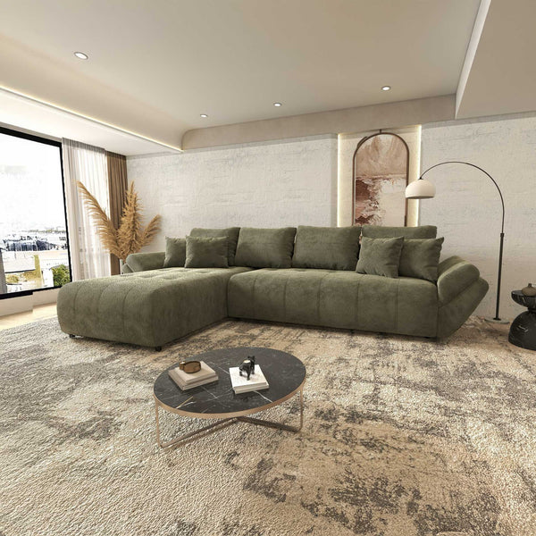 Colțar extensibil dumonde cu ladă de depozitare si sezut confortabil din spuma high-density, Berlin XL Vibe Olive 38 350x185 cm