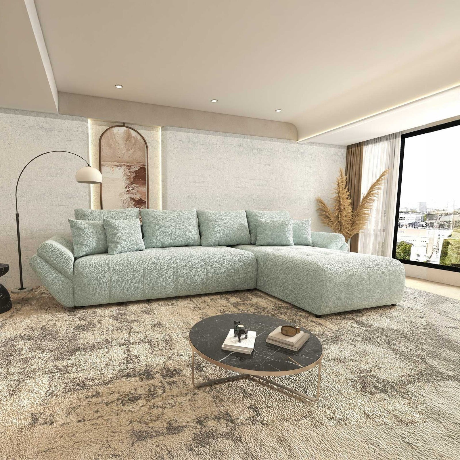 Colțar extensibil dumonde cu ladă de depozitare si sezut confortabil din spuma high-density, Berlin XL Jaguar Verde Mint 16 II 350x185 cm