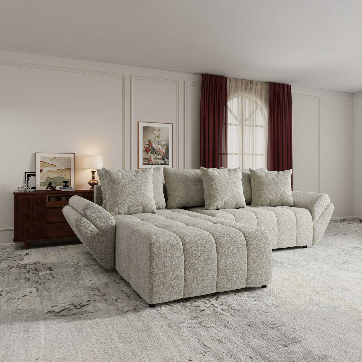 Colțar extensibil dumonde cu ladă de depozitare si sezut confortabil din spuma high-density, Berlin Arena Bej 20 280x185 cm