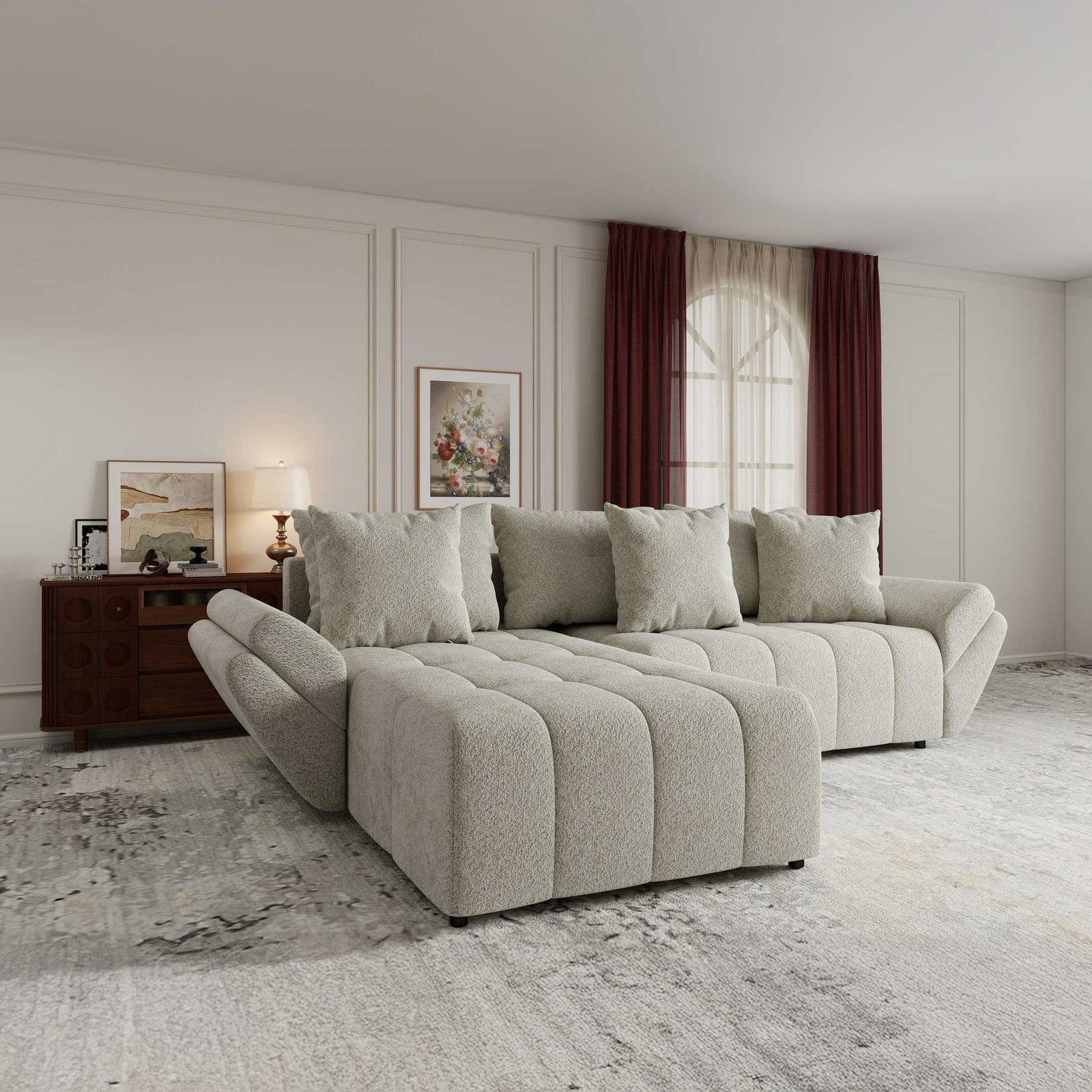 Colțar extensibil dumonde cu ladă de depozitare si sezut confortabil din spuma high-density, Berlin Arena Bej 20 280x185 cm