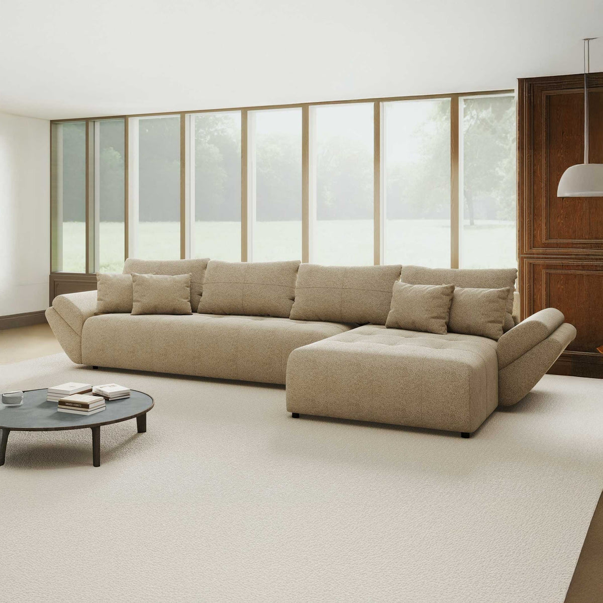 Colțar extensibil dumonde cu ladă de depozitare si sezut confortabil din spuma high-density, Berlin XL Quelle Bej 05 II 350x185 cm