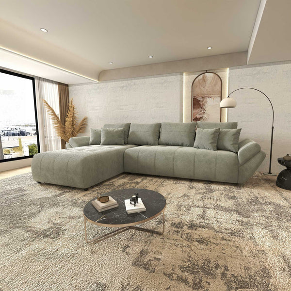 Colțar extensibil dumonde cu ladă de depozitare si sezut confortabil din spuma high-density, Berlin XL Vibe Mint 85 350x185 cm