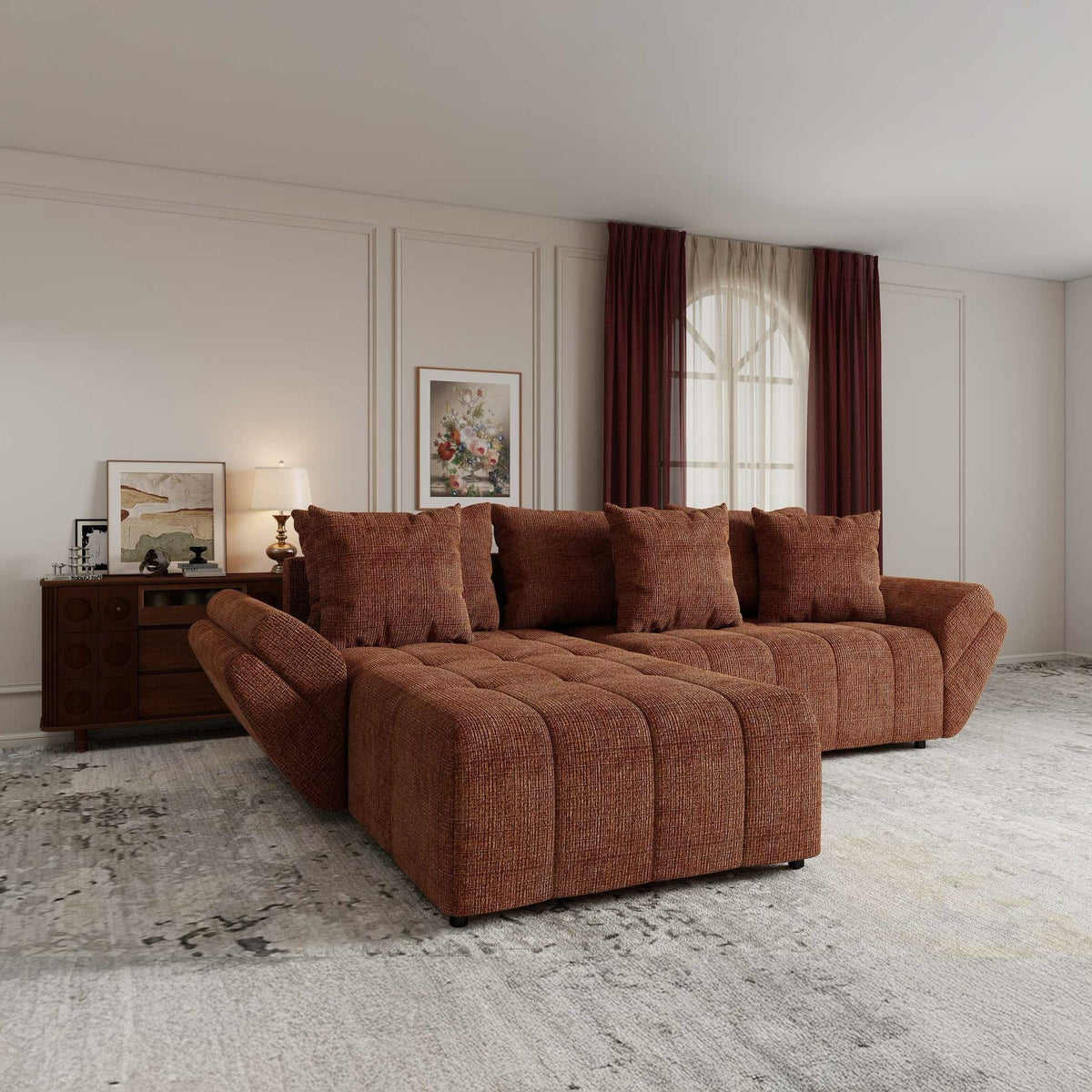 Colțar extensibil dumonde cu ladă de depozitare si sezut confortabil din spuma high-density, Berlin Cremona Teracota 52 280x185 cm