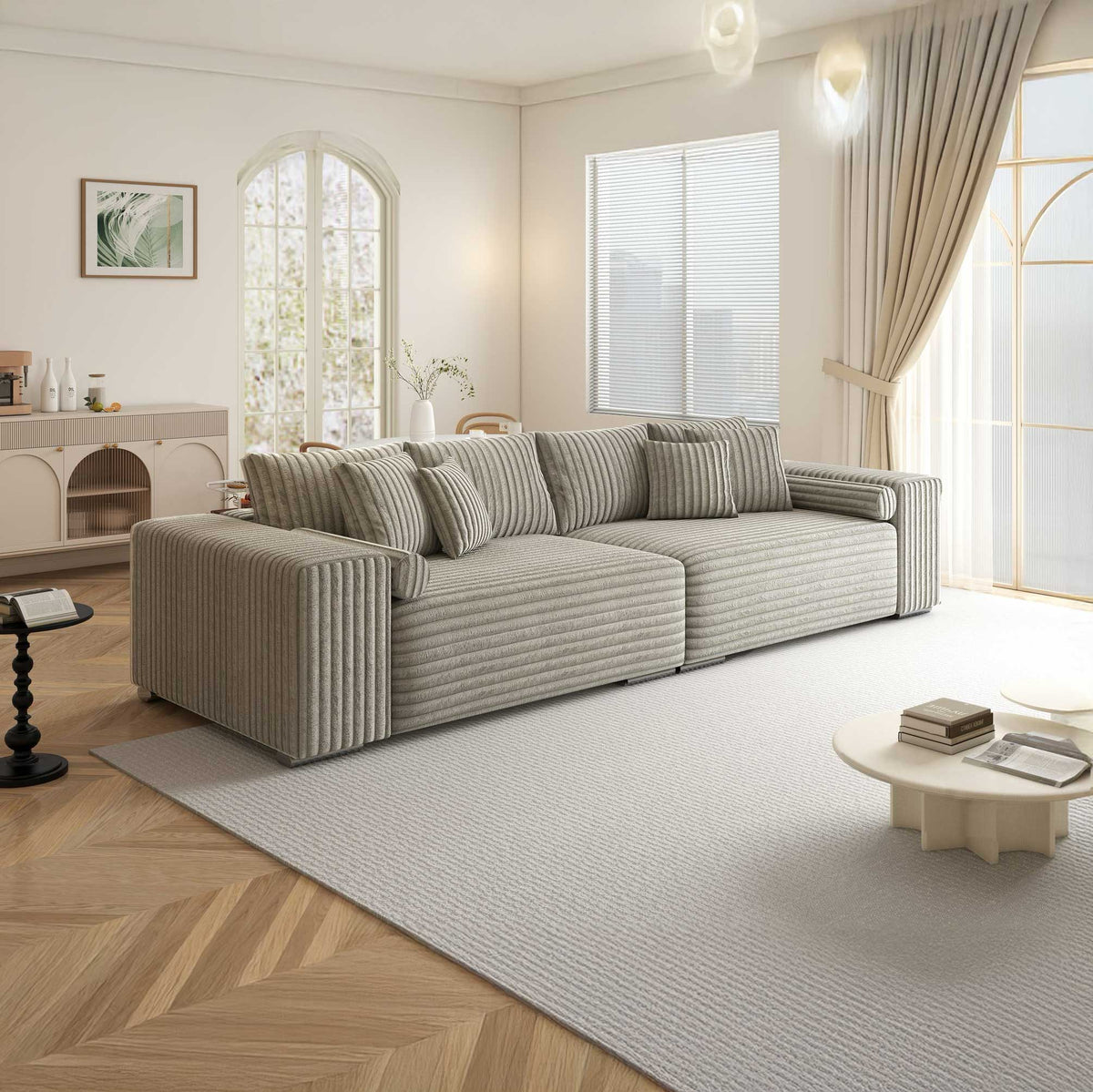 Canapea extensibilă dumonde cu ladă de depozitare si sezut confortabil din spuma high-density, Marbela XXL Tilia Gri- Bej 11 290x100 cm