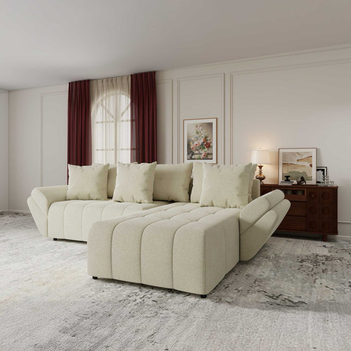 Colțar extensibil dumonde cu ladă de depozitare si sezut confortabil din spuma high-density, Berlin Quelle Bej 02 II 280x185 cm