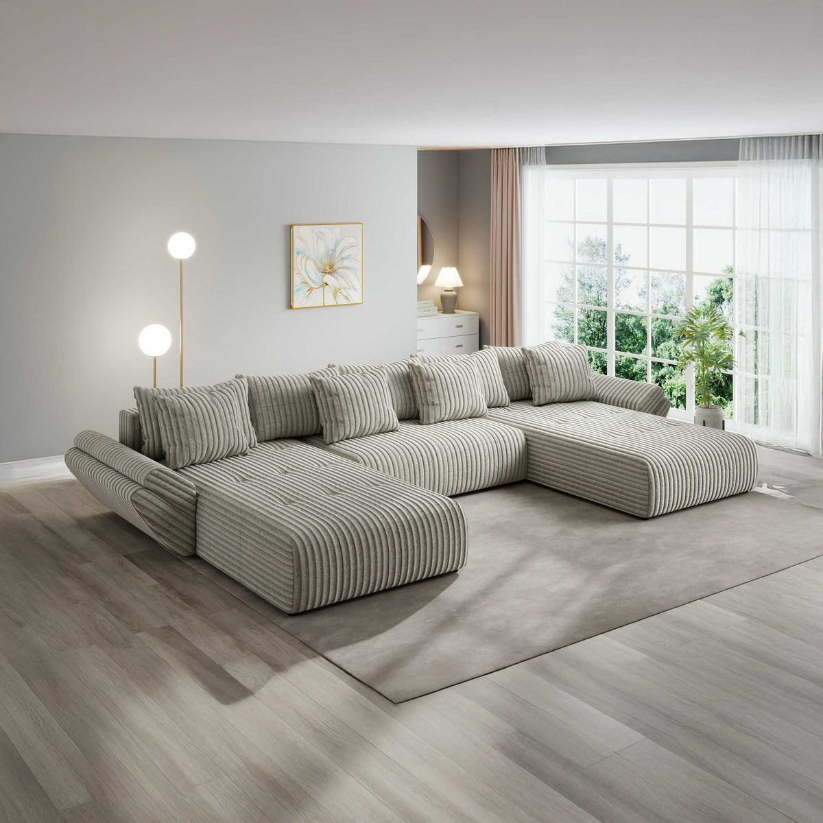 Colțar extensibil dumonde cu ladă de depozitare si sezut confortabil din spuma high-density, Berlin U Tilia Gri- Bej 11 380x180 cm