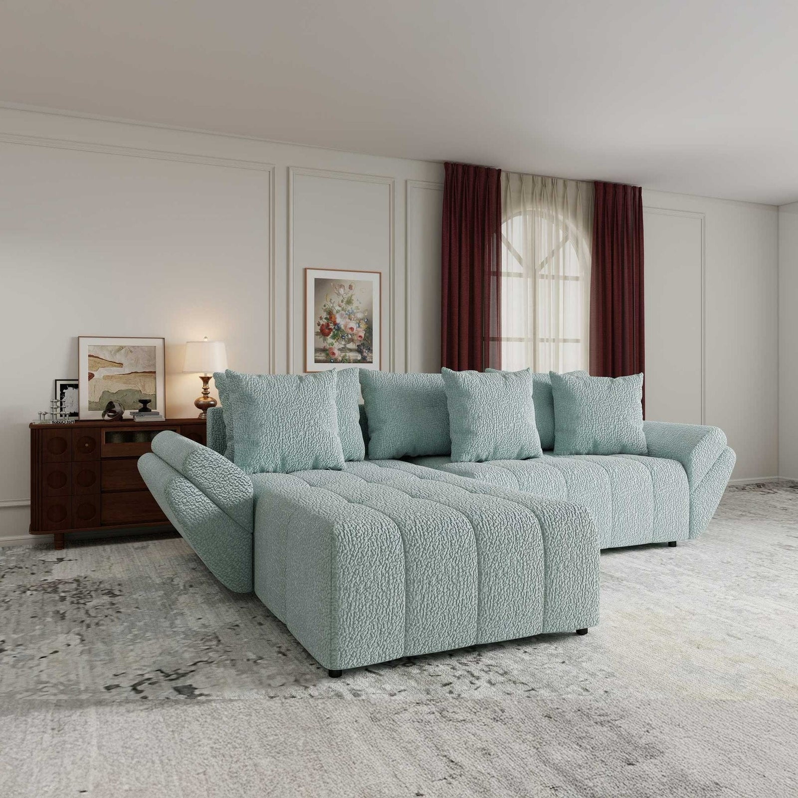 Colțar extensibil dumonde cu ladă de depozitare si sezut confortabil din spuma high-density, Berlin Jaguar Verde Mint 16 280x185 cm