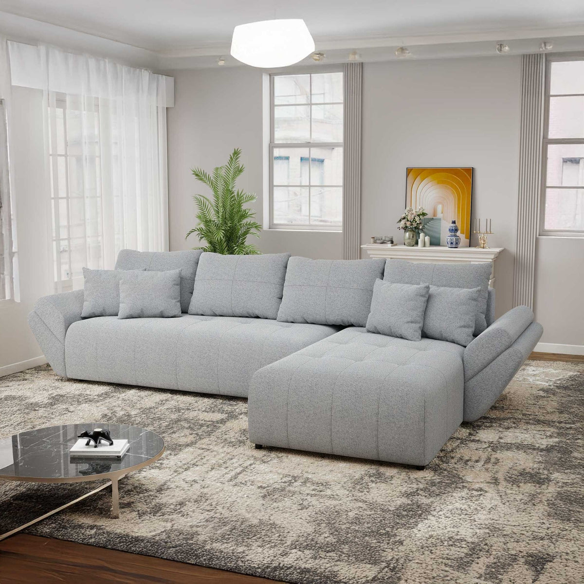 Colțar extensibil dumonde cu ladă de depozitare si sezut confortabil din spuma high-density, Berlin XL Monte Gri 84 II 350x185 cm