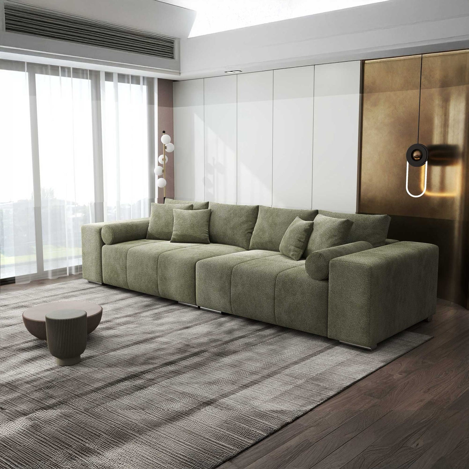 Canapea extensibilă dumonde cu ladă de depozitare si sezut confortabil din spuma high-density, Marbela XXL Vibe Olive 38 290x100 cm
