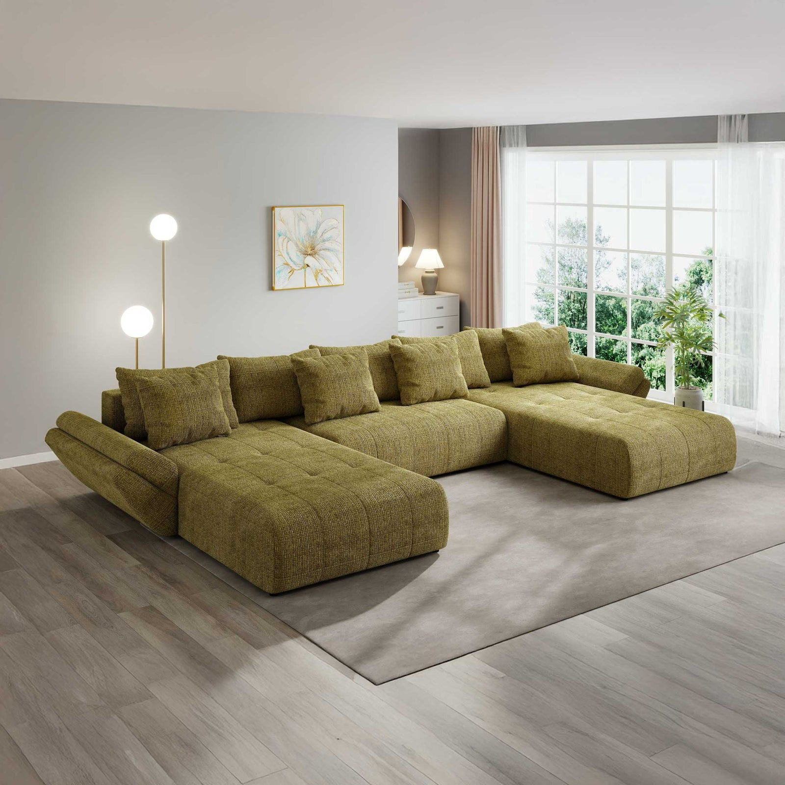 Colțar extensibil dumonde cu ladă de depozitare si sezut confortabil din spuma high-density, Berlin U Cremona Olive 38 380x180 cm