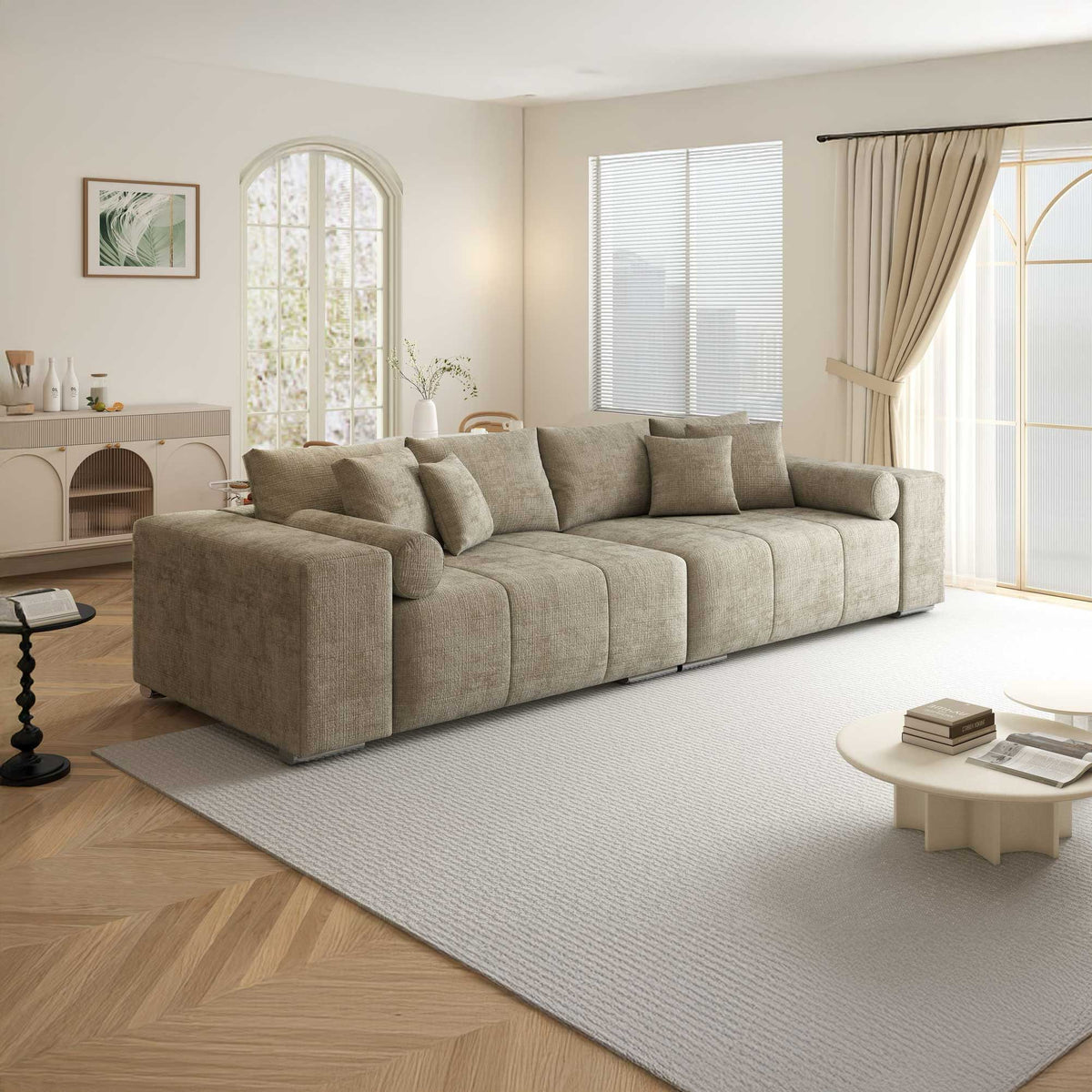 Canapea extensibilă dumonde cu ladă de depozitare si sezut confortabil din spuma high-density, Marbela XXL Cremona Bej 14 290x100 cm