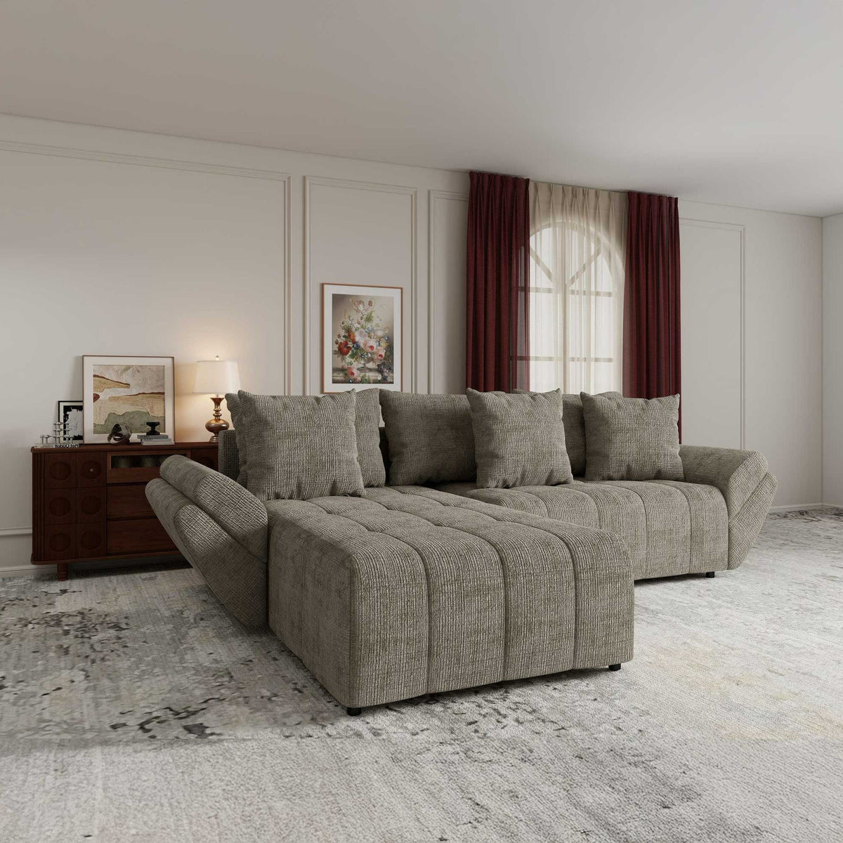 Colțar extensibil dumonde cu ladă de depozitare si sezut confortabil din spuma high-density, Berlin Cremona Bej 14 280x185 cm