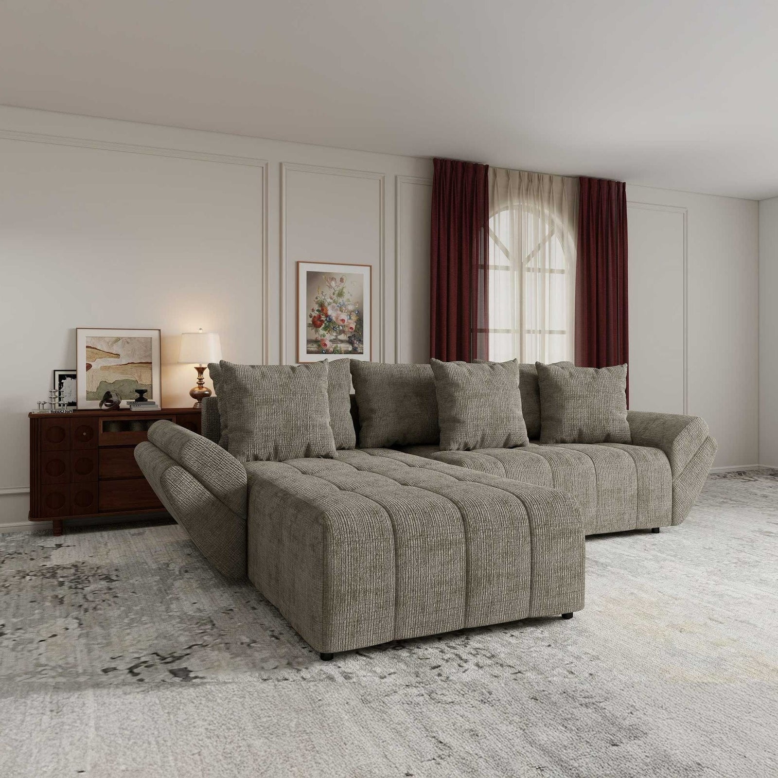 Colțar extensibil dumonde cu ladă de depozitare si sezut confortabil din spuma high-density, Berlin Cremona Bej 14 280x185 cm