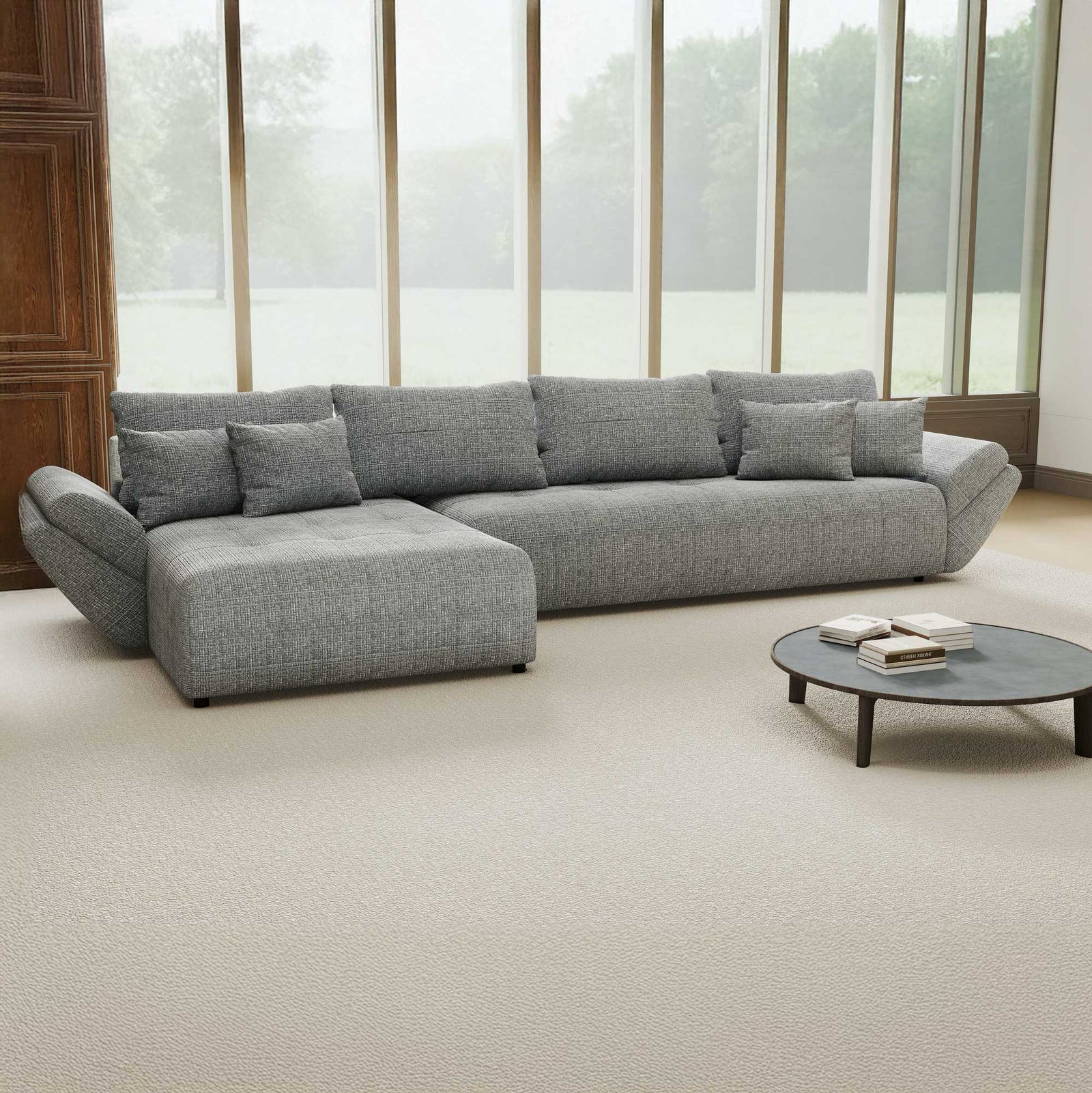 Colțar extensibil dumonde cu ladă de depozitare si sezut confortabil din spuma high-density, Berlin XL Cremona Gri 85 350x185 cm
