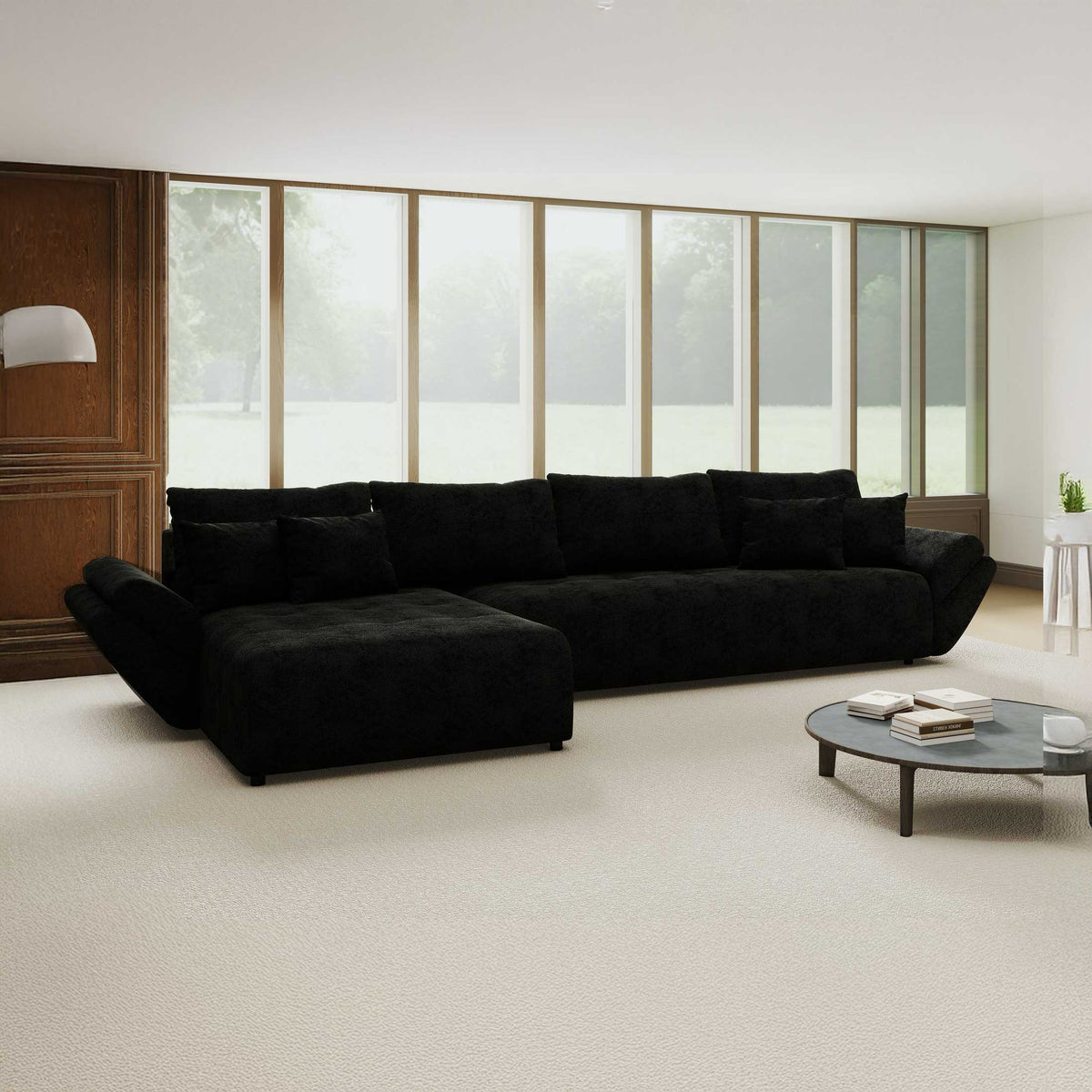 Colțar extensibil dumonde cu ladă de depozitare si sezut confortabil din spuma high-density, Berlin XL Quelle Negru 100 350x185 cm
