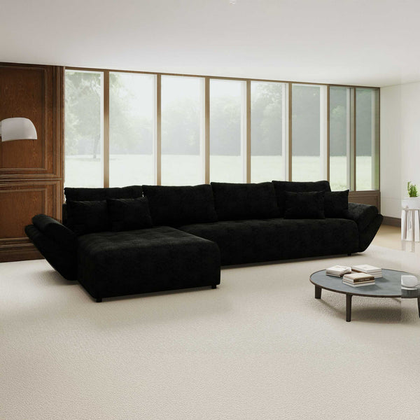 Colțar extensibil dumonde cu ladă de depozitare si sezut confortabil din spuma high-density, Berlin XL Quelle Negru 100 350x185 cm