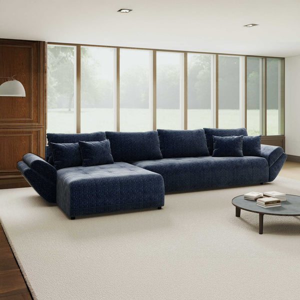 Colțar extensibil dumonde cu ladă de depozitare si sezut confortabil din spuma high-density, Berlin XL Cremona Albastru 79 350x185 cm