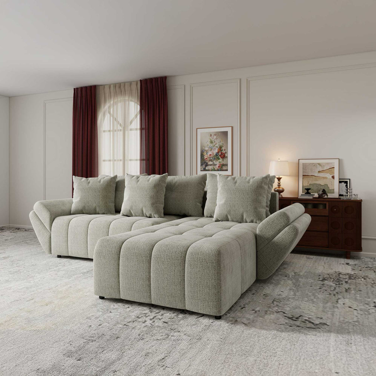 Colțar extensibil dumonde cu ladă de depozitare si sezut confortabil din spuma high-density, Berlin Cremona Bej 04 II 280x185 cm