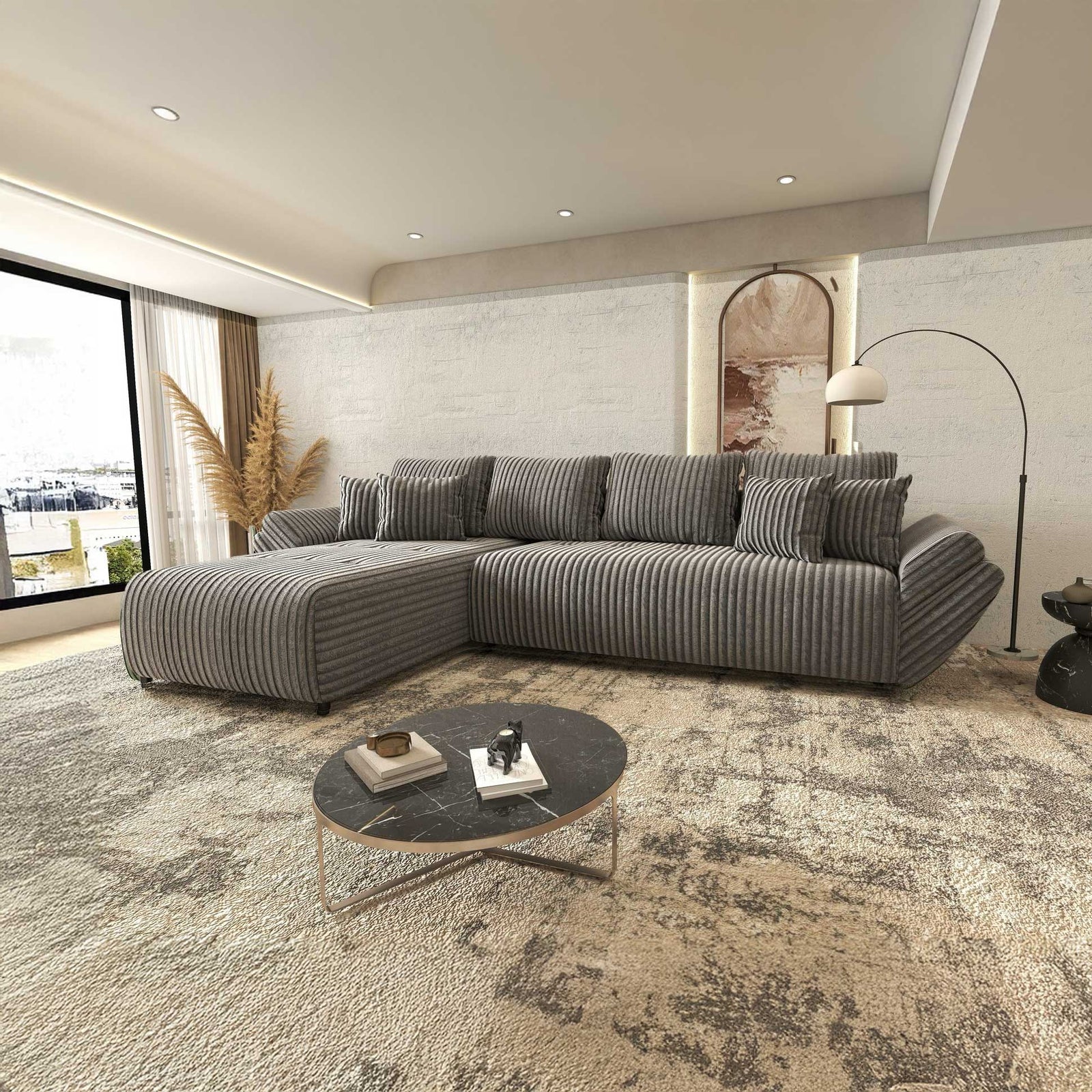 Colțar extensibil dumonde cu ladă de depozitare si sezut confortabil din spuma high-density, Berlin XL Tilia Gri 90 350x185 cm
