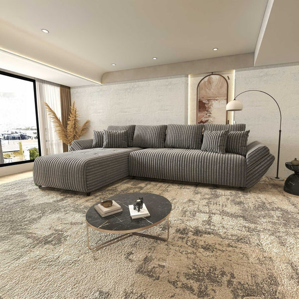 Colțar extensibil dumonde cu ladă de depozitare si sezut confortabil din spuma high-density, Berlin XL Tilia Gri 90 350x185 cm
