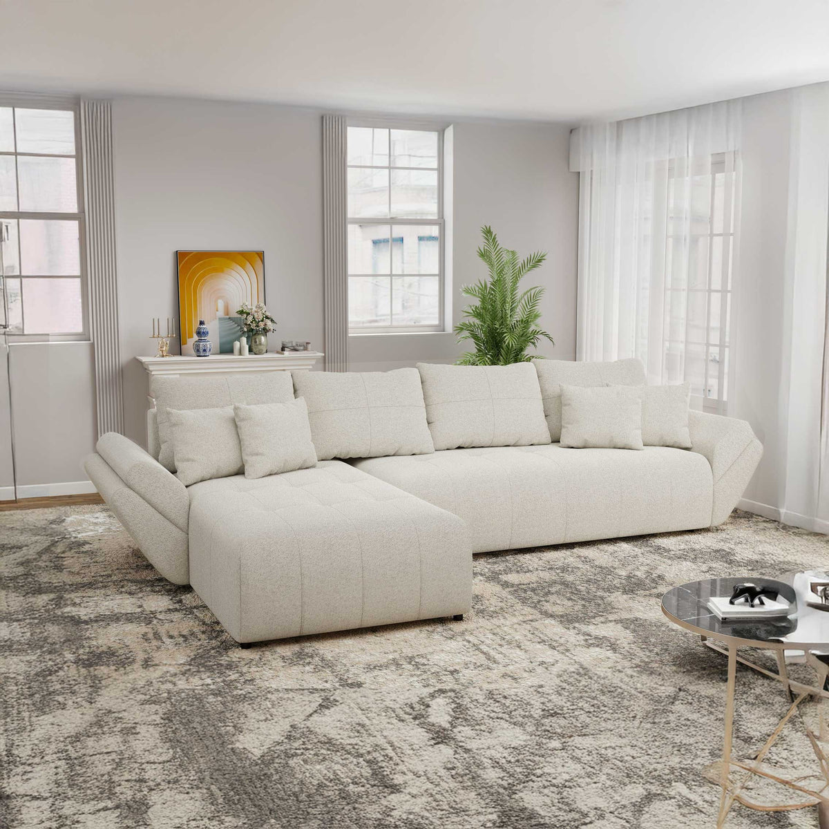 Colțar extensibil dumonde cu ladă de depozitare si sezut confortabil din spuma high-density, Berlin XL Monte Bej 03 350x185 cm