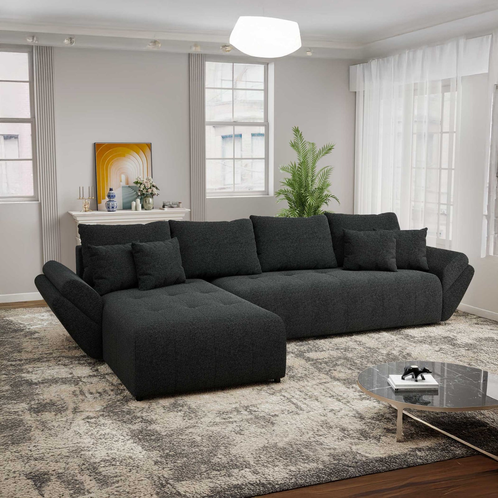 Colțar extensibil dumonde cu ladă de depozitare si sezut confortabil din spuma high-density, Berlin XL Monte Negru 99 350x185 cm
